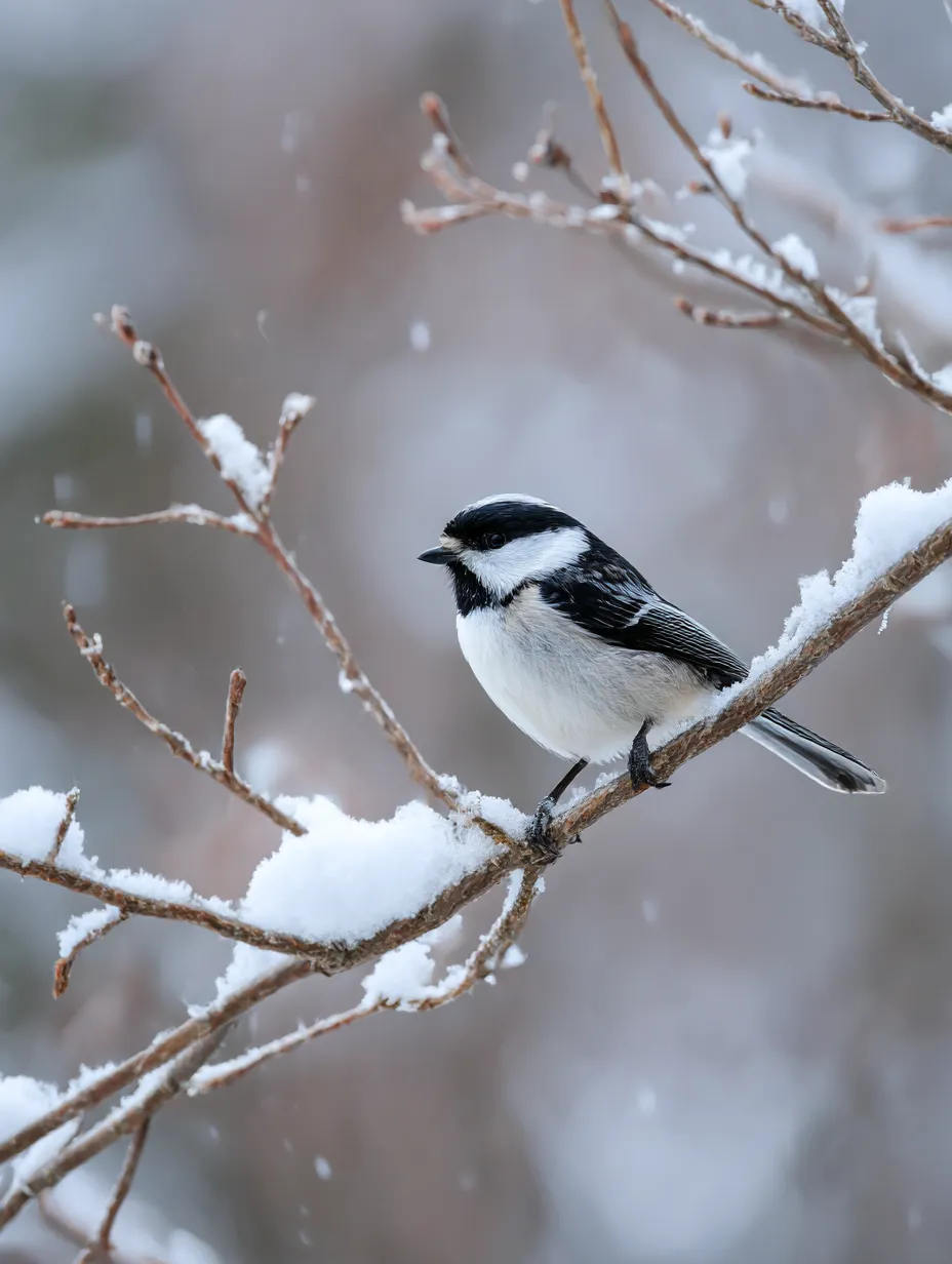 小鳥　写真　雪の枝にたたずむシジュウカラ｜雪景色の中、枝に佇むシジュウカラが静寂を演出し、小鳥の写真が持つ季節感と繊細さを見事に表現しています。