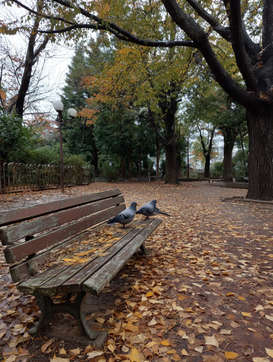 小鳥　写真　ベンチを歩くハトのふたり｜落ち葉に彩られた公園でベンチを歩く2羽のハトが、日常の中にある小鳥の写真のあたたかみを感じさせてくれます。