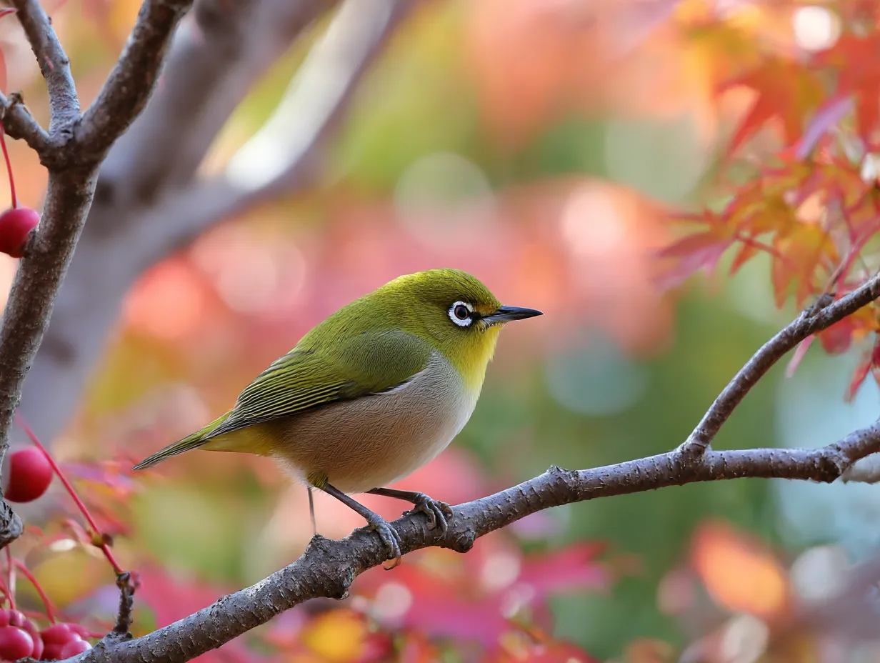 小鳥　写真　紅葉に映えるメジロの姿｜鮮やかな紅葉を背景にしたメジロの緑が目を引く構図。小鳥の写真として色彩の美しさと穏やかな季節感が魅力です。