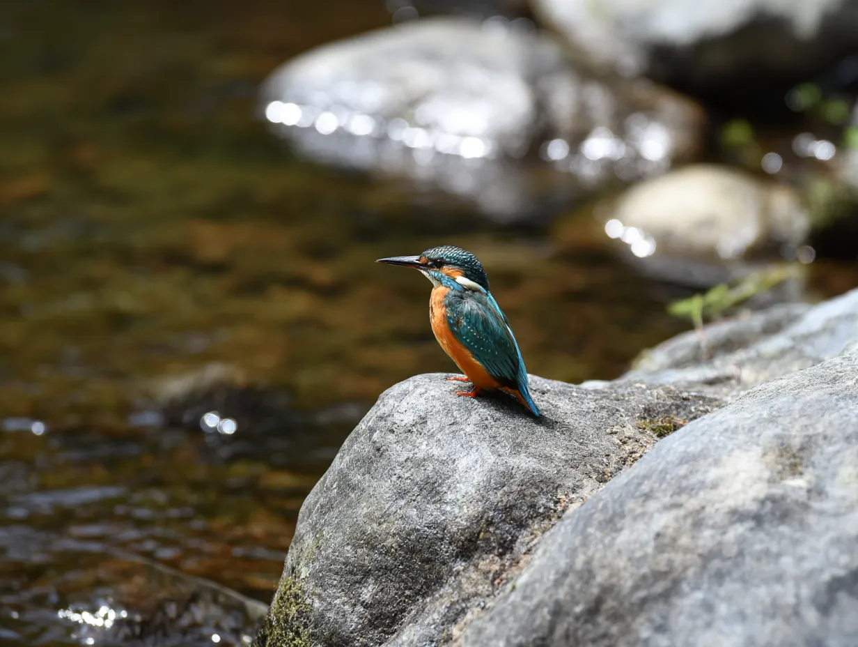 小鳥　写真　川辺の石にたたずむカワセミ｜岩にじっとたたずむカワセミの鮮やかな体色が印象的で、小鳥の写真から自然の息吹と静けさが伝わります。