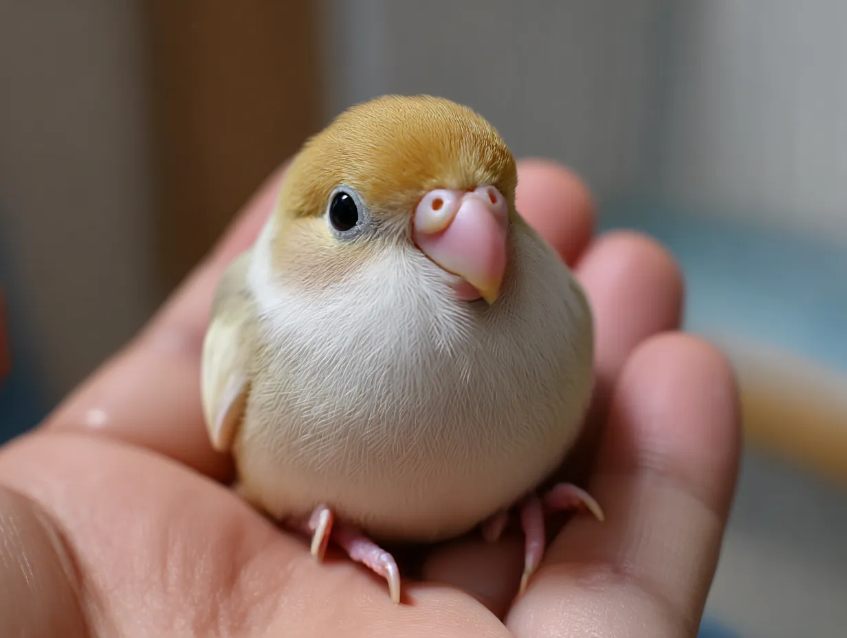 文鳥　写真　手のひらにのるヒナ文鳥｜ふっくらとしたヒナ文鳥が手のひらにちょこんと乗る姿が愛らしく、文鳥の写真ならではの親しみやすさが伝わります。