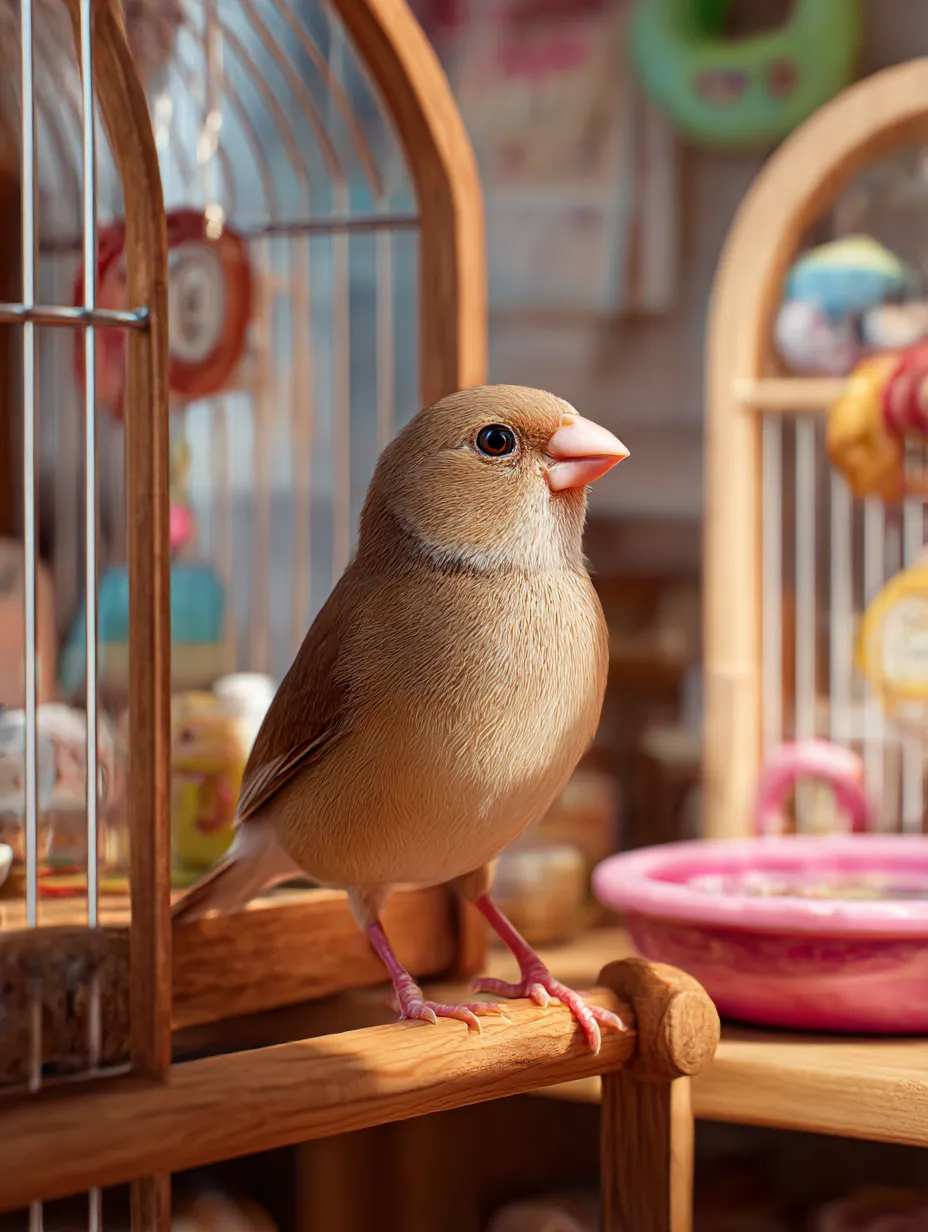 文鳥　写真　カゴの上で佇む茶文鳥｜木製のカゴの上で落ち着いた表情を見せる茶文鳥が、文鳥の写真を通して飼い鳥の穏やかな日常を感じさせてくれます。