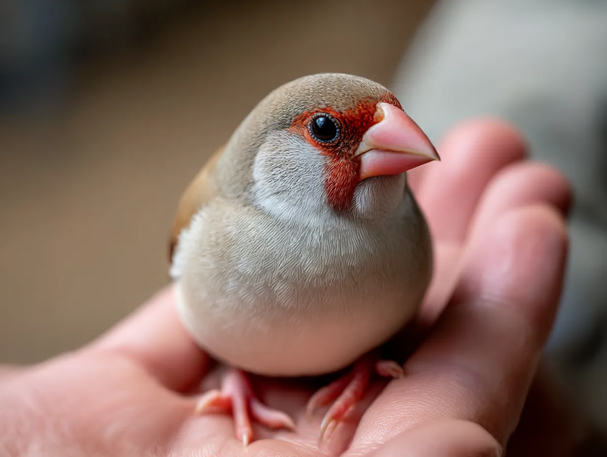 文鳥　写真　赤ほっぺの文鳥とまどい顔｜小さな手の中でくつろぐ赤ほっぺの文鳥が、まるで話しかけてくるような表情で、文鳥の写真の中に温もりを宿します。