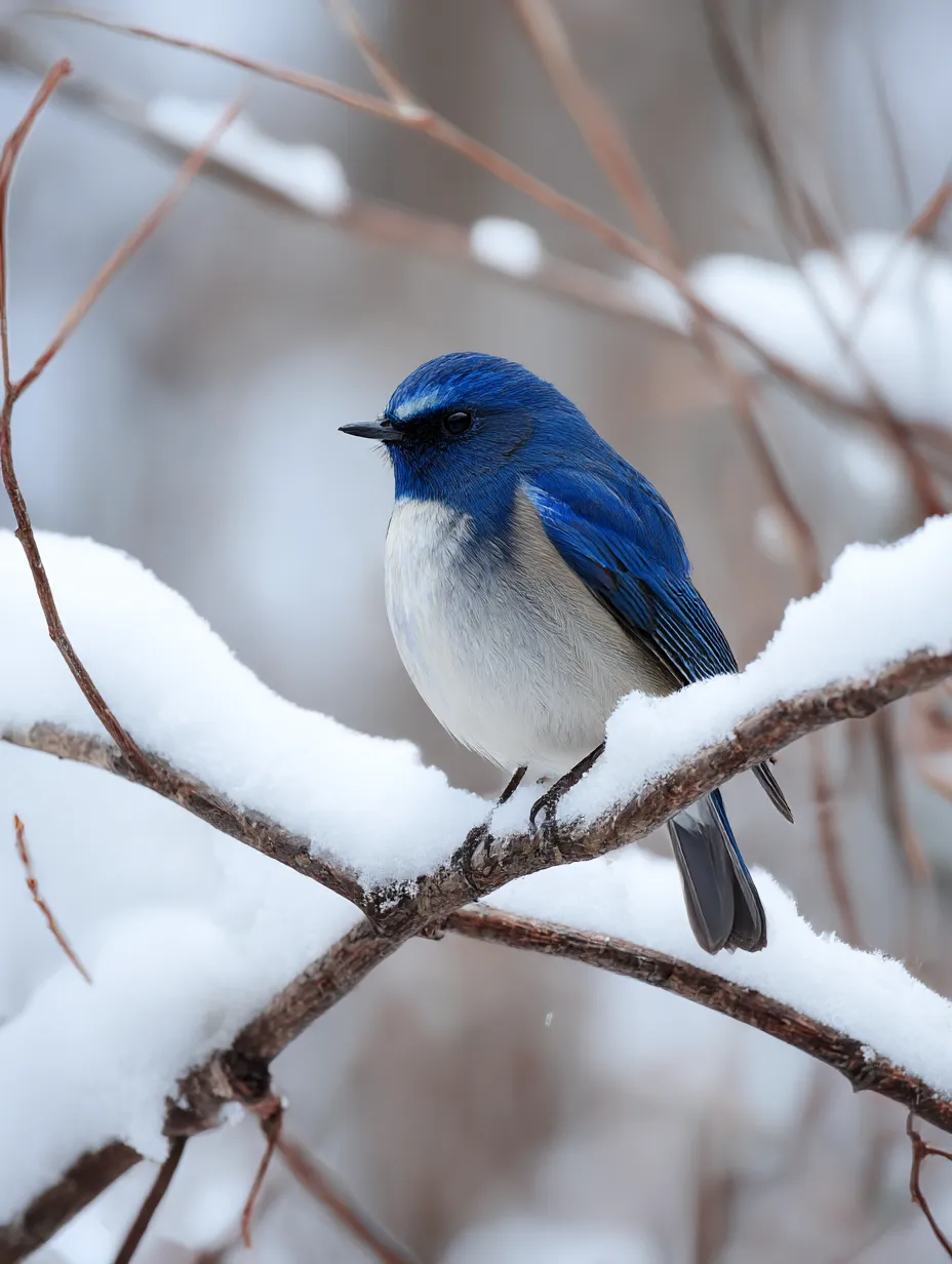 青い鳥　写真　雪の枝にとまる青い鳥｜白銀の世界に浮かぶ青い鳥のコントラストが印象的な写真。雪景色の中で一層鮮やかに映え、青い鳥の存在感を際立たせています。