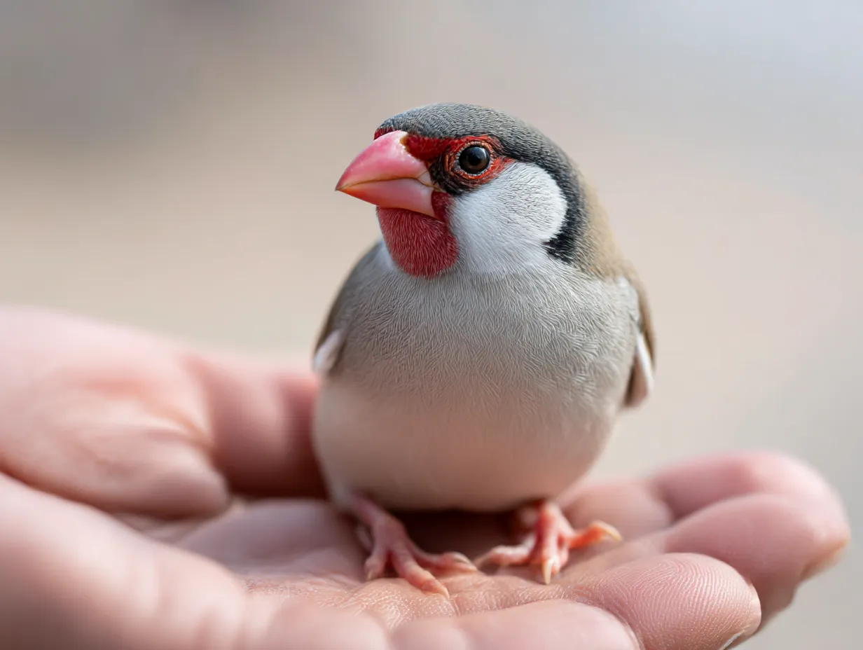 文鳥　写真　優しい眼差しの桜文鳥｜丸く優しい目が印象的な桜文鳥が手の中でリラックスする様子から、文鳥の写真に癒しと信頼感が込められています。