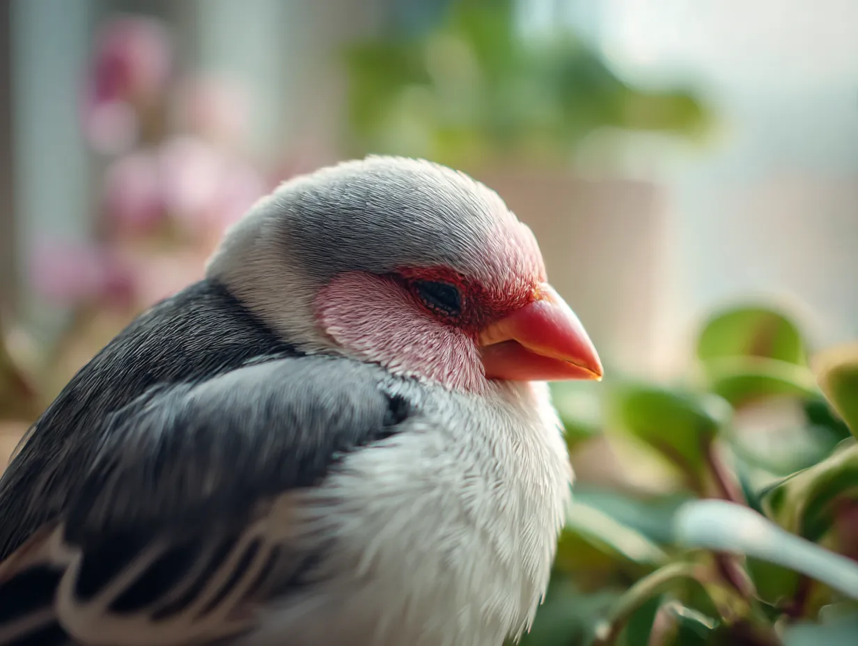 文鳥　写真　窓辺でまどろむ白文鳥｜光差す窓辺でまどろむ白文鳥の表情がとても穏やかで、文鳥の写真からは日常に溶け込む幸せな空気が漂います。