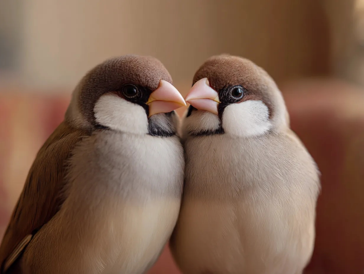 文鳥　写真　寄り添う二羽の仲良し文鳥｜ぴったりと寄り添う二羽の文鳥が愛らしく、文鳥の写真に心温まる絆ややさしさがにじみ出る一瞬を捉えています。