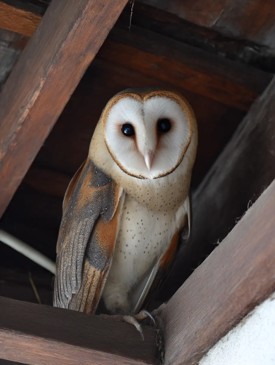 フクロウ　写真　屋根裏に潜むメンフクロウ｜鋭い目とハート型の顔を持つメンフクロウが屋根裏からじっと見つめる姿が、静寂の中に神秘を感じさせるフクロウの写真です。