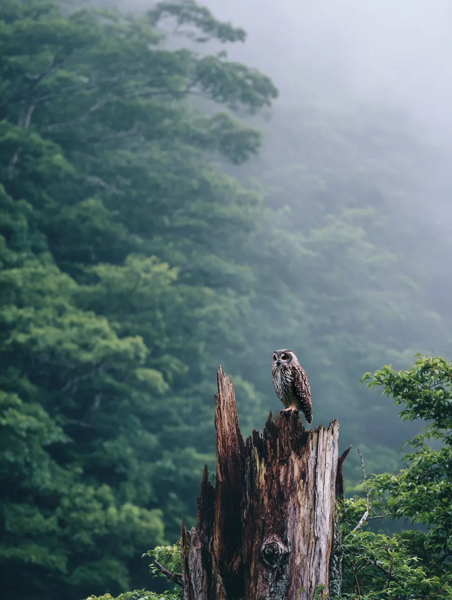 フクロウ　写真　霧の森のミミズクの見張り｜深い霧に包まれた森の切り株に佇むミミズクが、幻想的で静けさをたたえた空間に溶け込むフクロウの写真となっています。