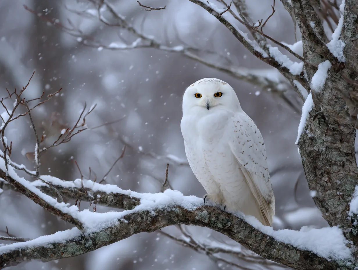 フクロウ　写真　雪の森で佇むシロフクロウ｜雪が舞う冬の森で凛と立つシロフクロウが、冷たさとともに厳粛な気配を漂わせる印象的なフクロウの写真です。