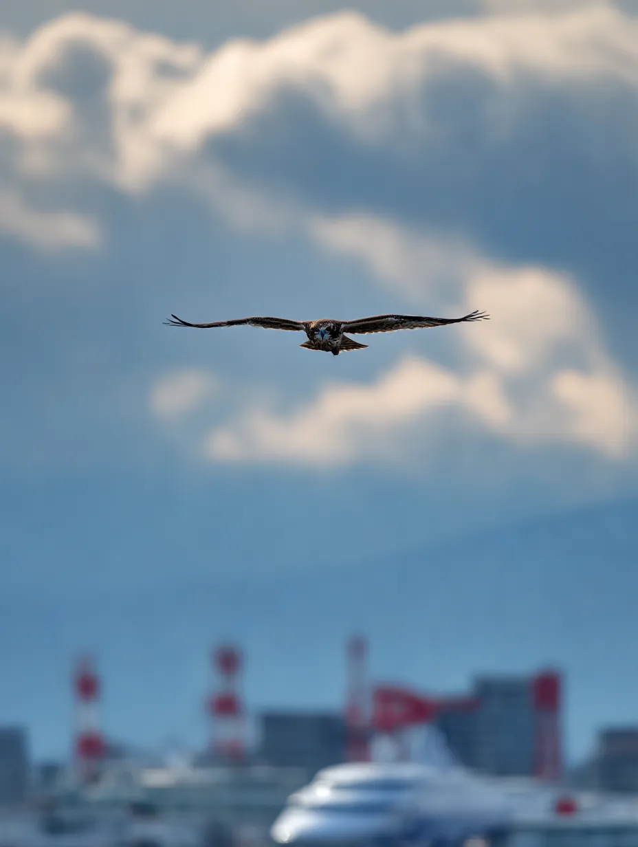 鷲　写真　都市の空を飛ぶトビの正面｜高層ビルと飛行機を背景に一直線に飛ぶトビが、現代と自然の交差点を感じさせる静かな鷲の写真として印象的です。