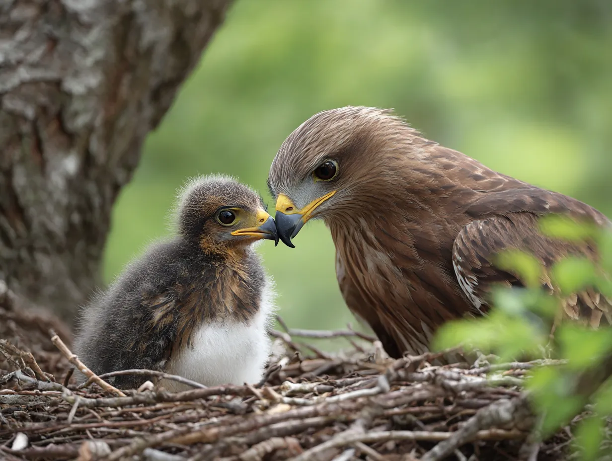鷲　写真　雛を育てるトビの親子｜木の巣で雛にやさしく餌を与えるトビの親鳥が、生命のつながりと温もりを伝える心温まる鷲の写真です。