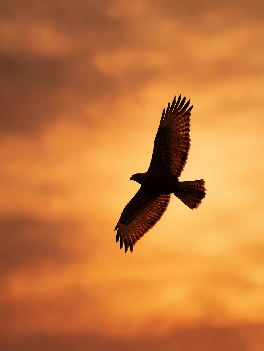 鷹　写真　夕焼けに染まる飛翔する鷹｜茜色に染まった空を背景にシルエットとなって飛ぶ鷹が、一日の終わりに漂う静けさを表現する幻想的な鷹の写真です。