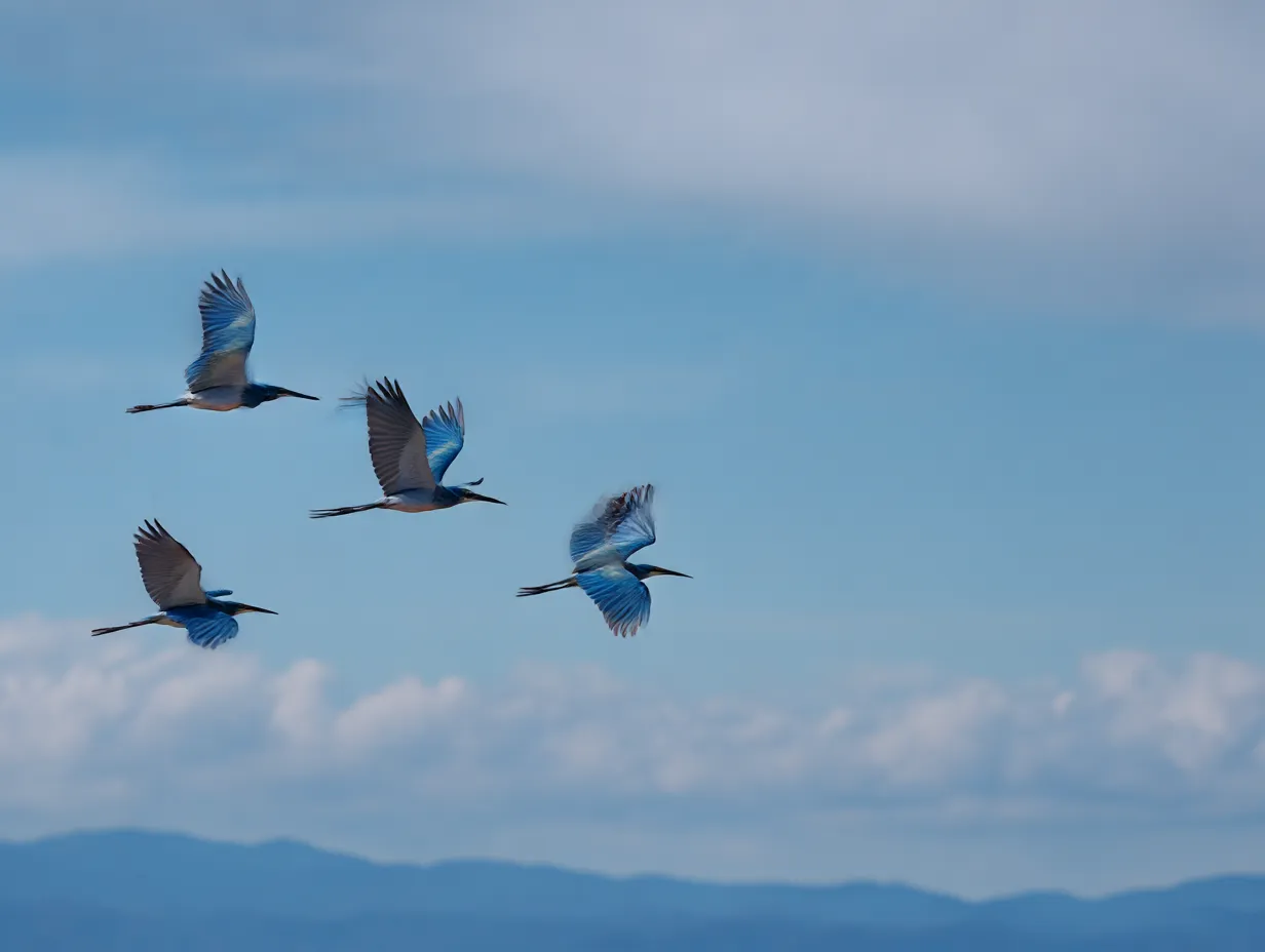 青い鳥　写真　青空を飛ぶ青い鳥の群れ｜広がる空を背景に群れで飛ぶ青い鳥たち。躍動感と一体感にあふれ、青い鳥がもたらす希望や調和のイメージを呼び起こします。