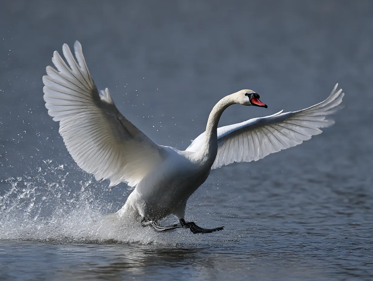 白鳥　写真　水面を駆けるハクチョウ｜水しぶきを上げて水面を駆けるハクチョウが、力強さと優雅さを両立させた躍動感あふれる白鳥の写真です。