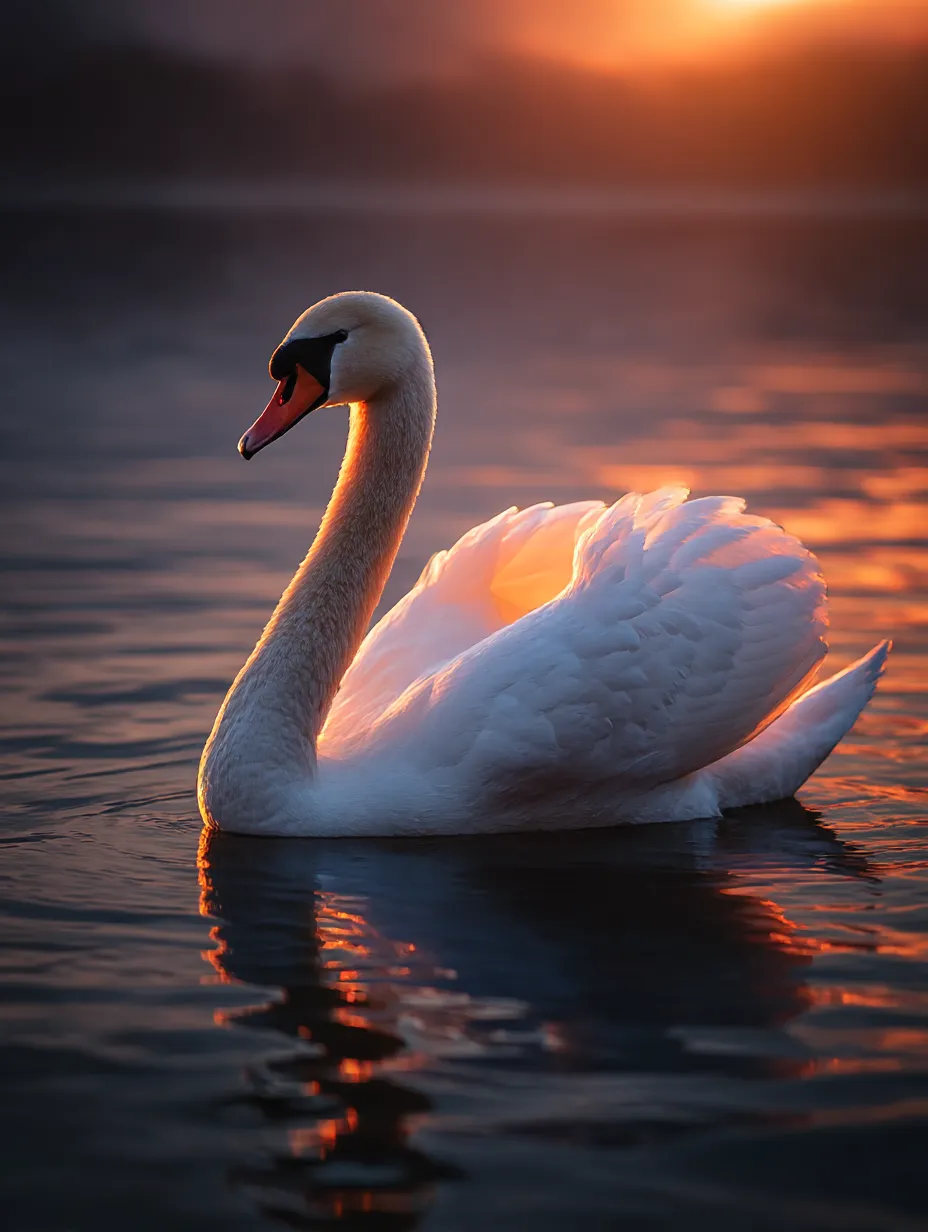 白鳥　写真　夕日に染まる優美な白鳥｜夕日を背にして水面に佇む白鳥の羽が赤く染まり、静けさと温もりが共存する幻想的な白鳥の写真となっています。
