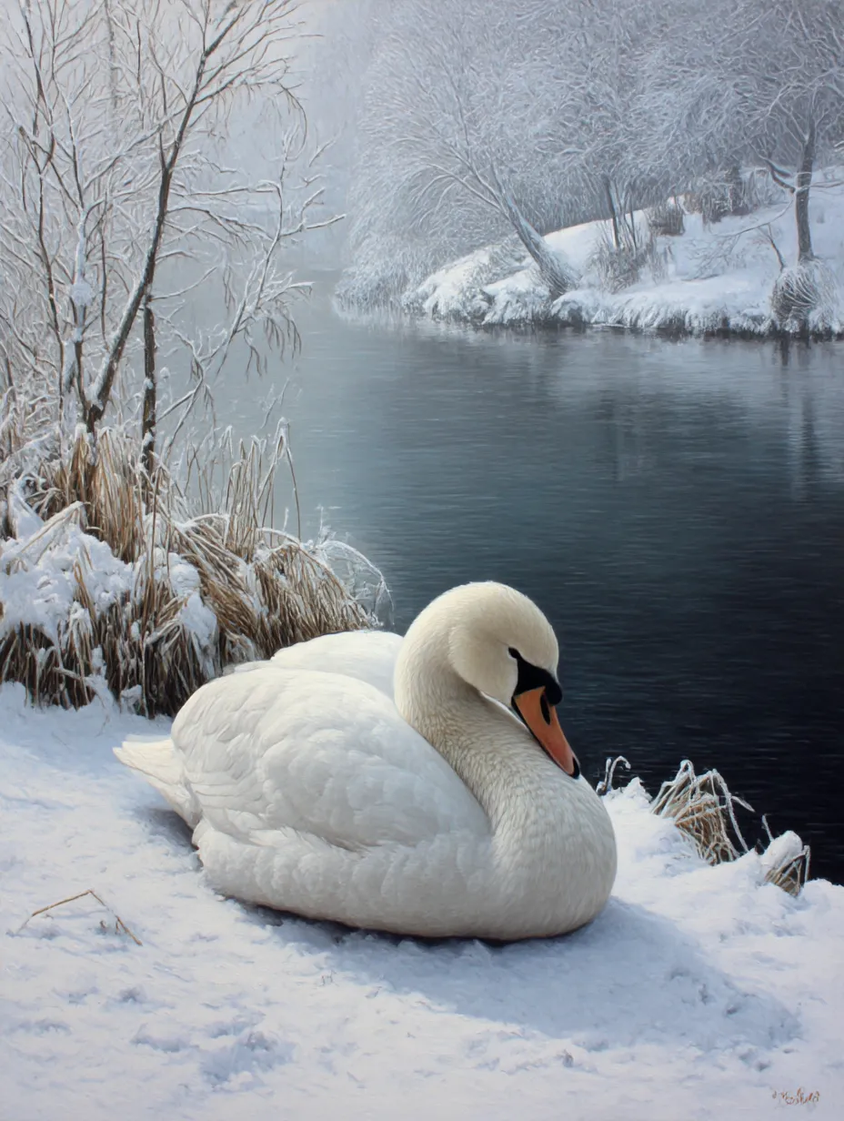 白鳥　写真　雪景色に座る白い羽の白鳥｜雪に覆われた川辺で静かに座る白鳥が、冬の静けさと柔らかさを際立たせる詩的な雰囲気の白鳥の写真です。