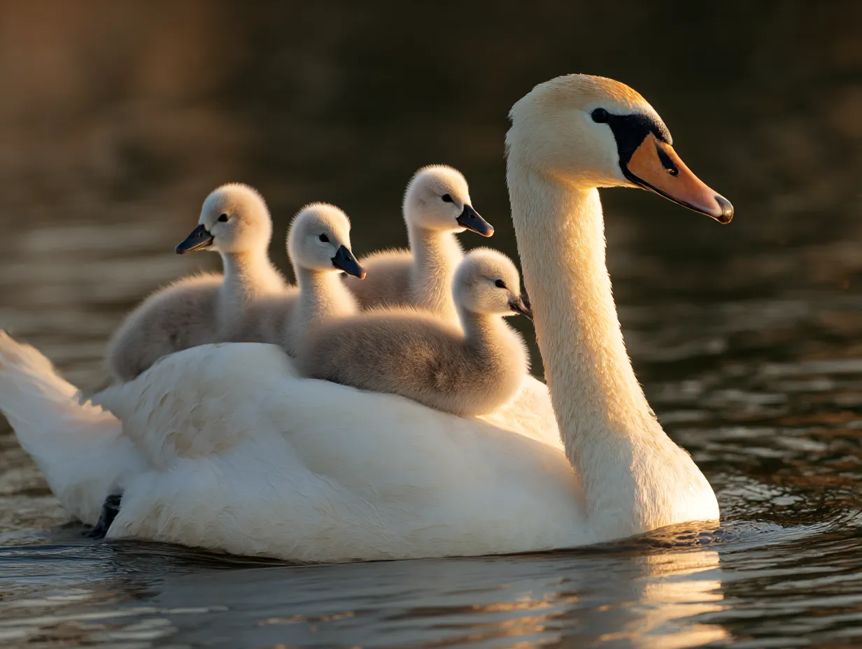 白鳥　写真　雛を背に乗せた親子白鳥｜夕暮れの水面に浮かぶ親子の白鳥が、ぬくもりと愛情に満ちた一瞬を捉えた心あたたまる白鳥の写真です。