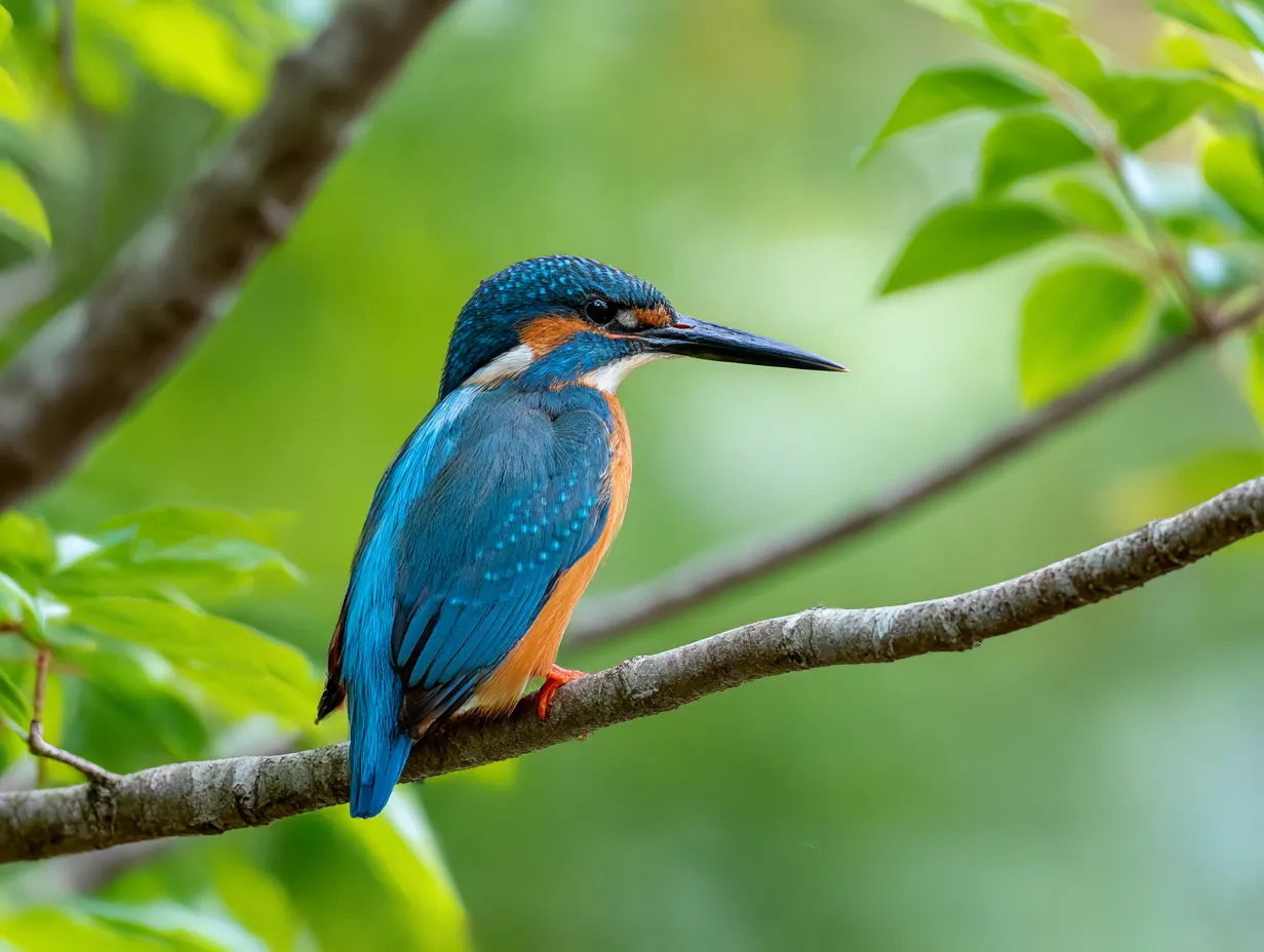 青い鳥　写真　枝にとまるカワセミの姿｜鮮やかな羽をまとったカワセミが静かに枝にとまる姿を収めた写真。青い鳥ならではの色彩が自然の中で際立ち、穏やかさを感じさせます。