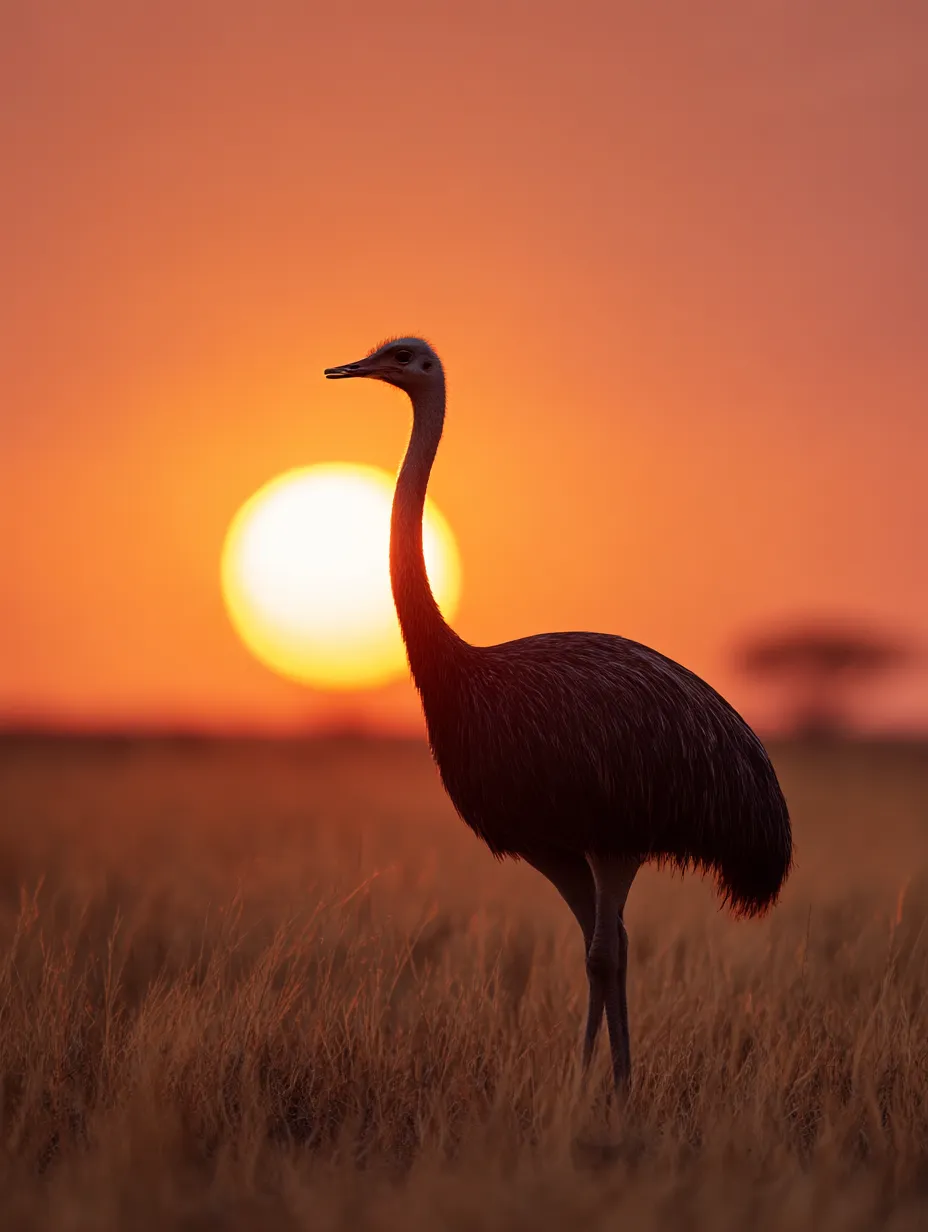 ダチョウの写真：夕焼けに浮かぶダチョウの影｜燃えるような夕日の中に立つダチョウの姿が幻想的で、静寂と自然の雄大さを感じさせるドラマチックな写真です。