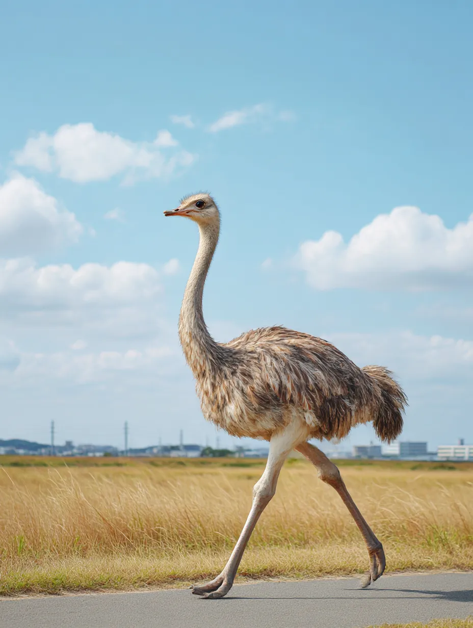 ダチョウの写真：青空の下を歩くダチョウ｜澄み切った青空と広い草原を背景に颯爽と歩く姿が開放的で、自由を感じさせる清々しいダチョウの写真です。