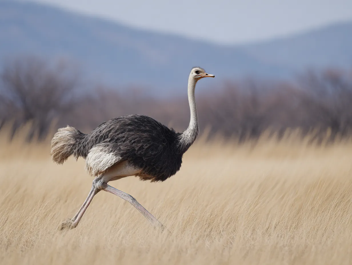 ダチョウの写真：草原を疾走する一羽のダチョウ｜乾いた草原を駆け抜ける一羽のダチョウの力強い脚が印象的で、大地との一体感を感じさせるエネルギッシュな写真です。