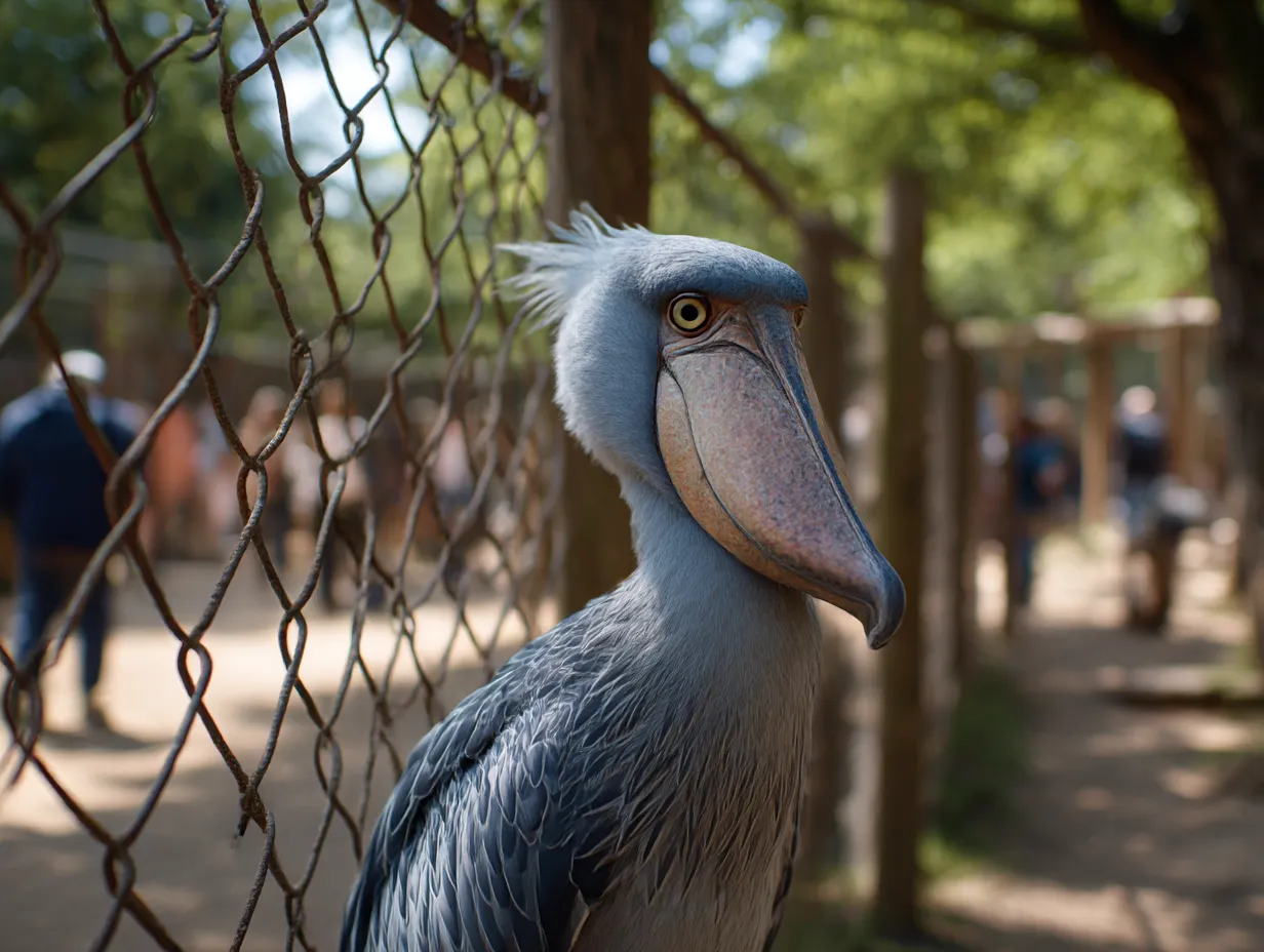 ハシビロコウの写真：柵越しに見つめる存在感｜動物園の柵越しにたたずむハシビロコウが観察するような表情で、人との距離を静かに物語る写真です。