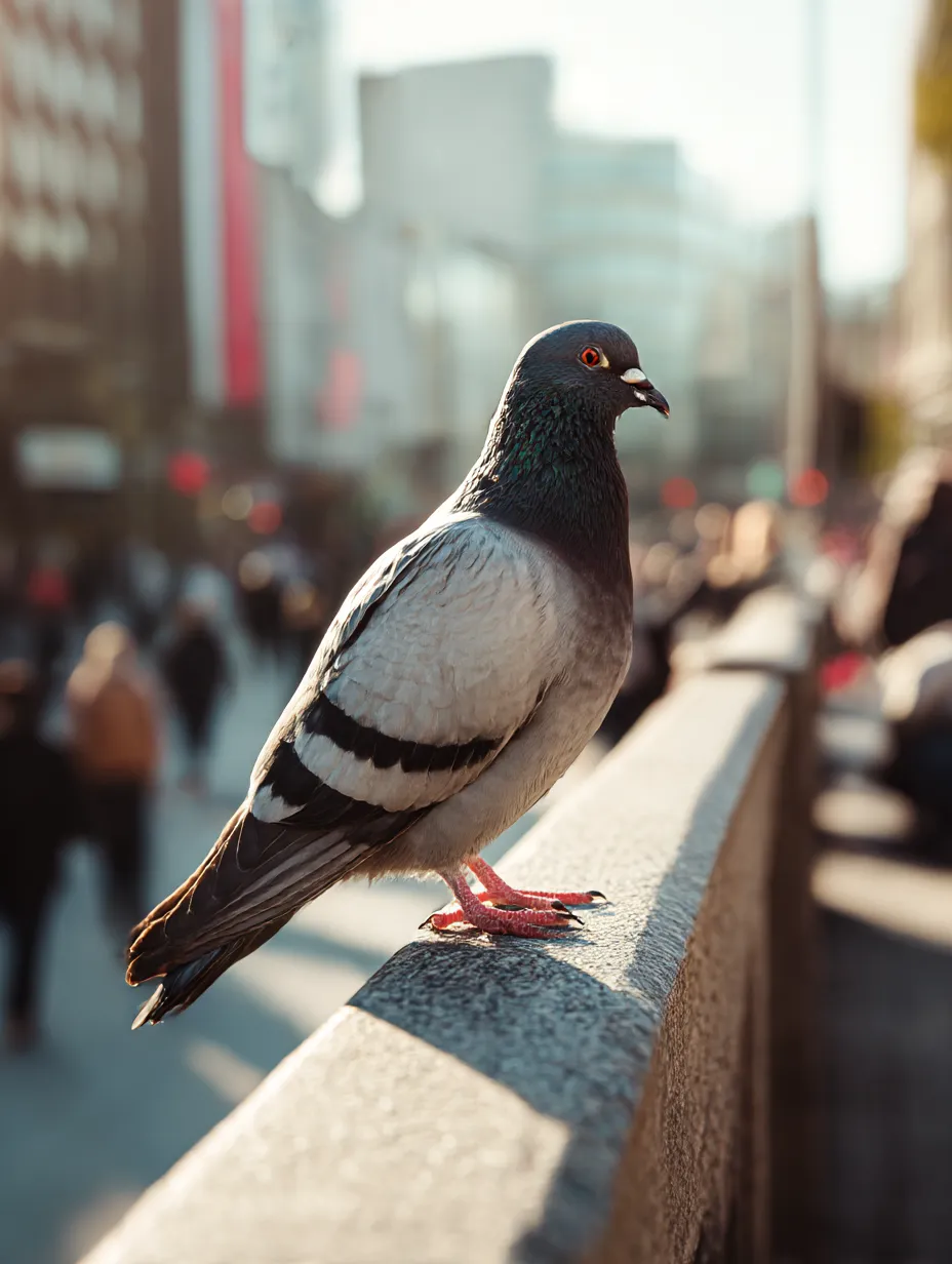 ハトの写真：都会の欄干に立つ姿｜ビル群を背景に佇むハトが都市生活の一部として溶け込み、現代の風景に自然が共存する穏やかな印象の写真です。