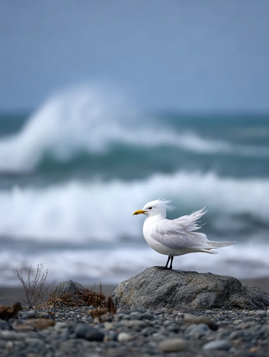 白い鳥　写真　岩に立つユリカモメの風姿｜風に吹かれながら海辺の岩に立つユリカモメが、力強さと優雅さを併せ持つ白い鳥としての存在感を際立たせる写真です。