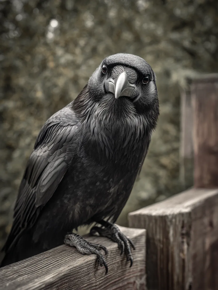カラスの写真：見つめ返す黒い視線｜木柵にとまったカラスがこちらをまっすぐに見つめる姿が印象的で、知性と存在感を強く感じる静かな写真です。