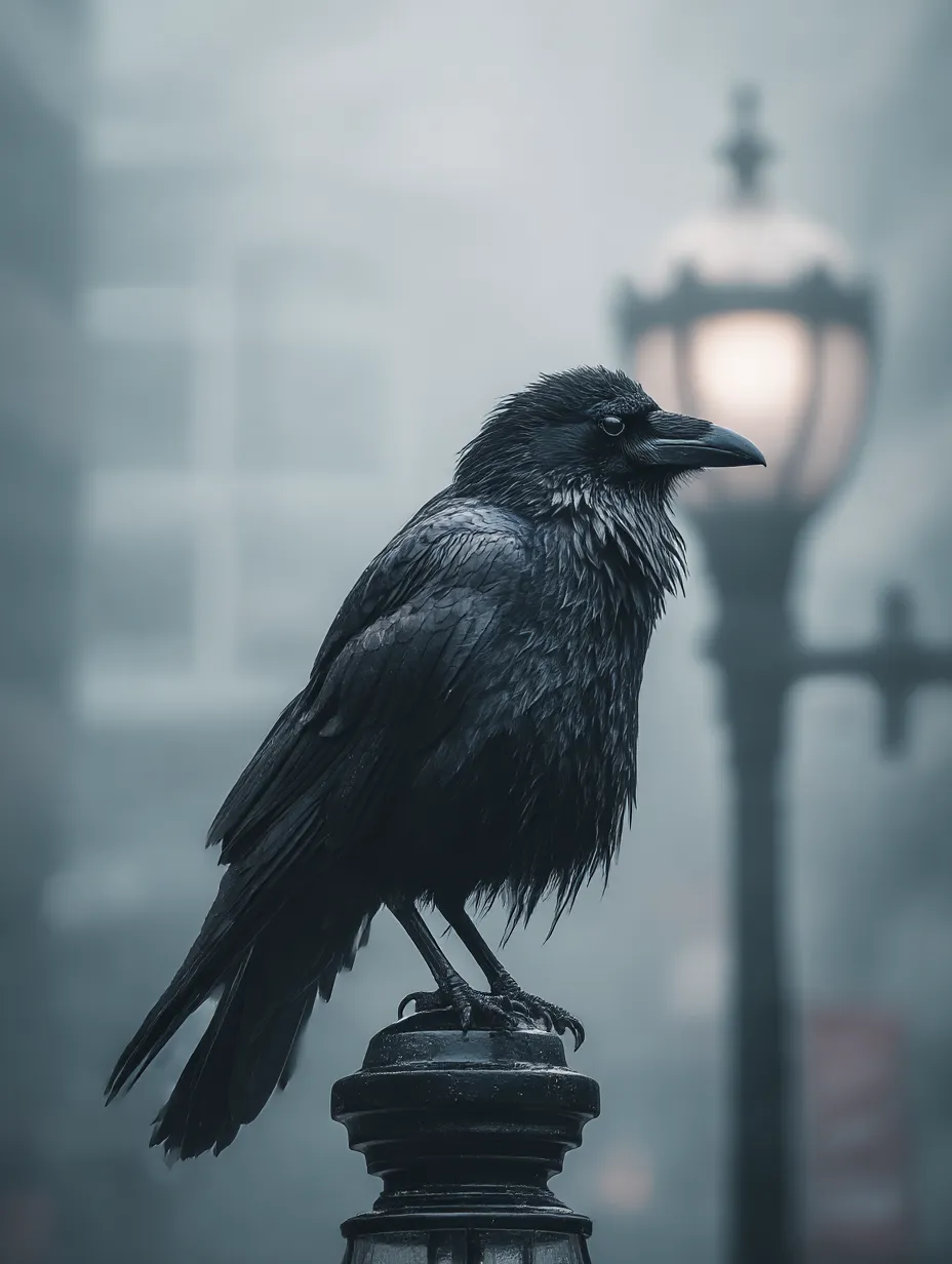 カラスの写真：霧の街灯にたたずむ姿｜霧に包まれた街角のランプにとまるカラスが幻想的で、孤独と神秘が交錯する雰囲気を湛えた写真です。