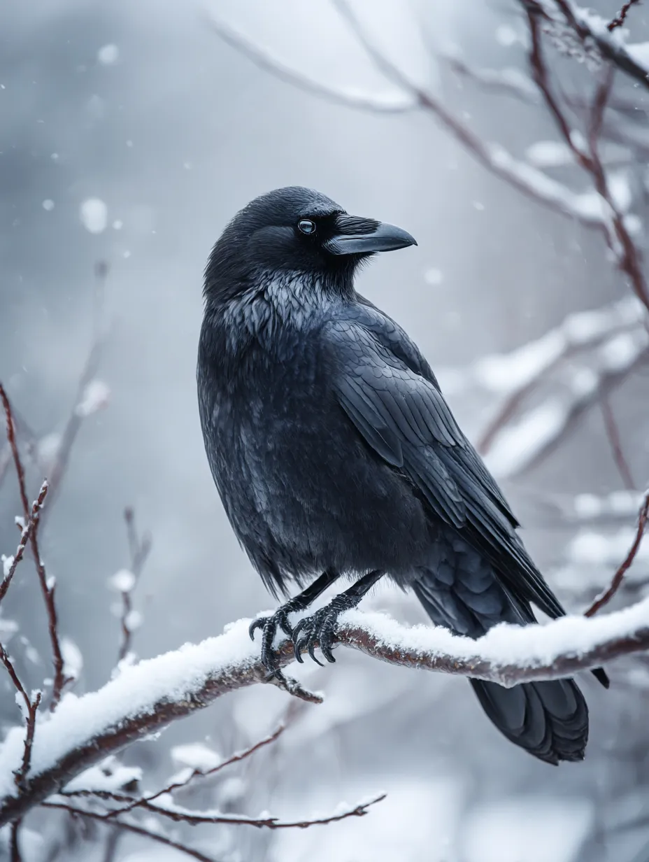 カラスの写真：雪降る枝にとまる黒影｜白銀の世界の中で凛と立つカラスの黒い姿が映え、静けさと冷たさを背景にした絵画のような一枚です。