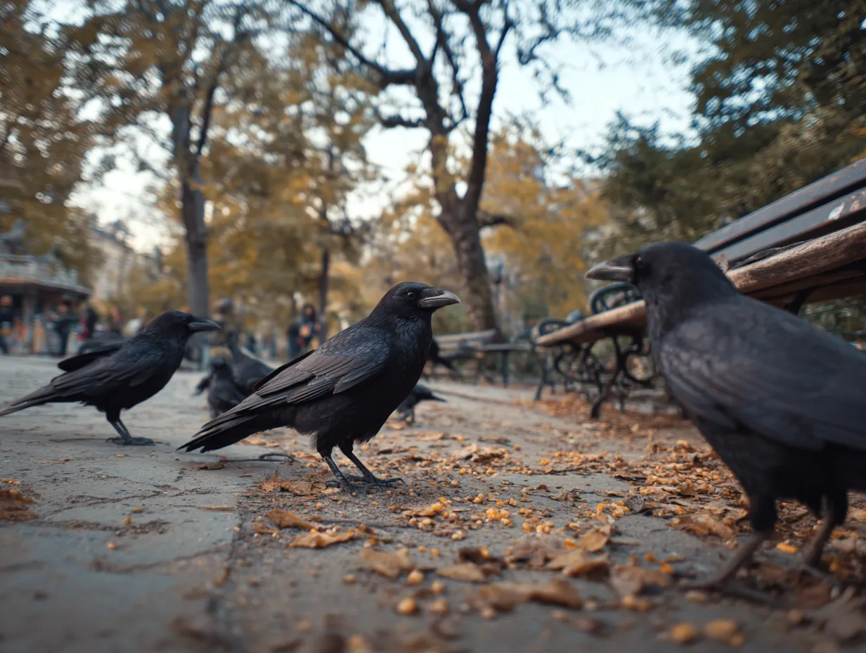 カラスの写真：公園で集う群れの存在感｜落ち葉舞う秋の公園で集まるカラスたちが生き生きとしており、日常の中にある野生の姿が印象的な写真です。