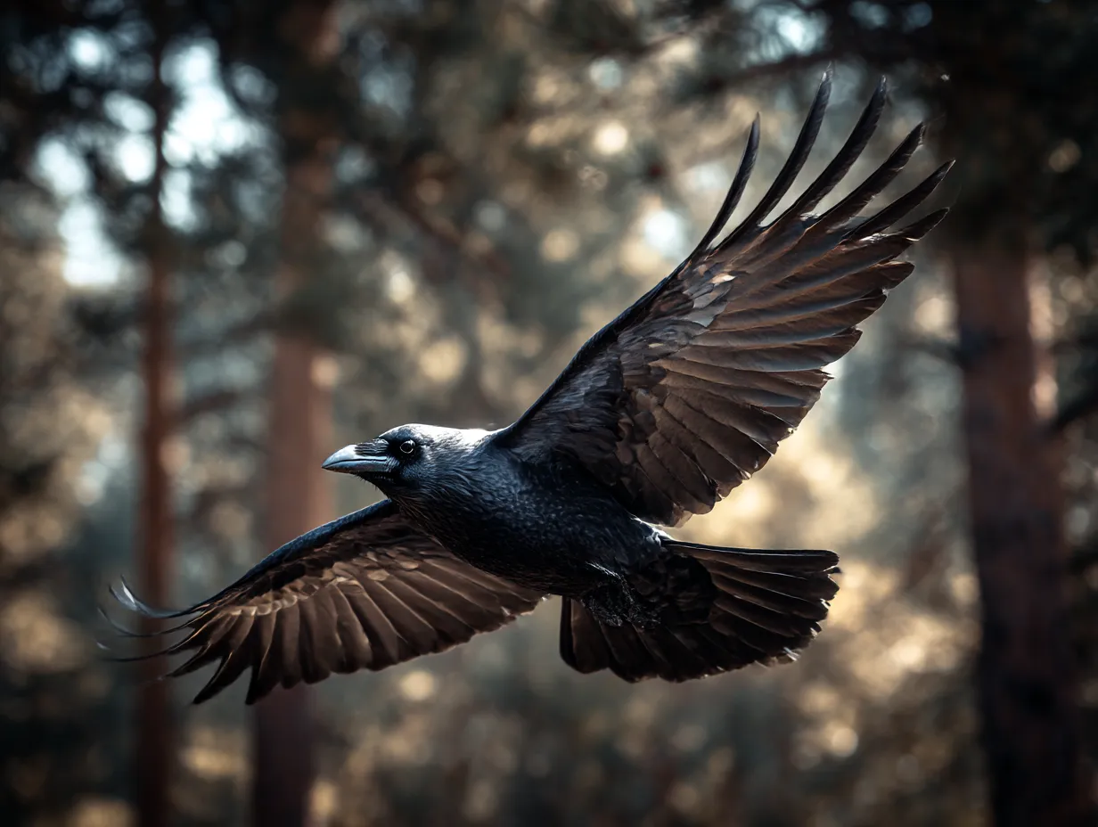 カラスの写真：森の中を滑空する羽ばたき｜陽の差す森の中を力強く飛ぶカラスの翼が堂々としていて、自然と一体化した美しい瞬間を収めた写真です。