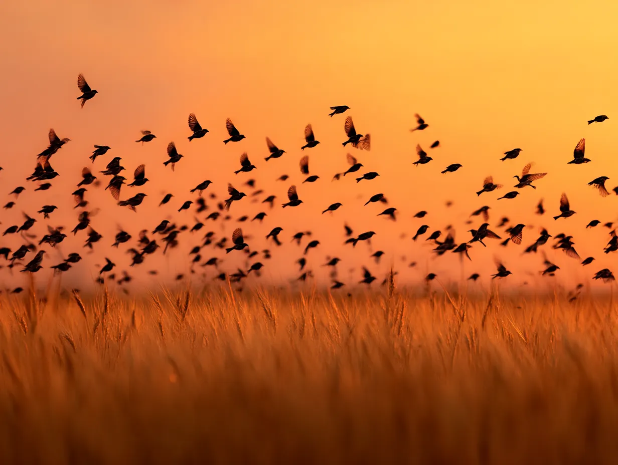 スズメの写真：夕陽に舞う群れの躍動感｜黄金色に染まる空を背景に一斉に舞い上がるスズメたちの群れが圧巻で、自由と自然の壮大さを感じる一枚です。