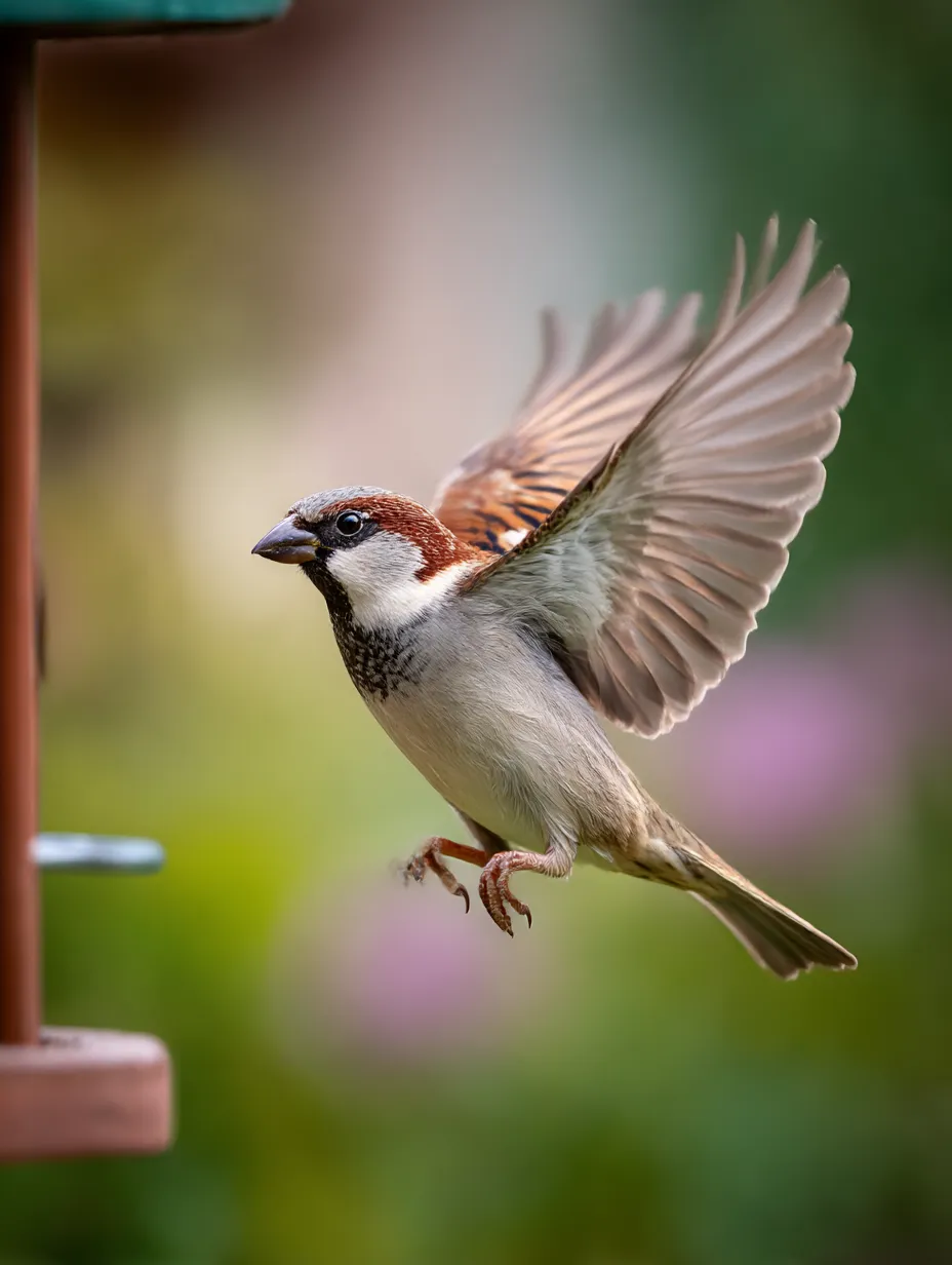 スズメの写真：餌台へ舞い降りる瞬間｜羽を広げてふわりと舞い降りるスズメの姿が軽やかで、生き生きとした日常の瞬間を切り取った元気な印象の写真です。