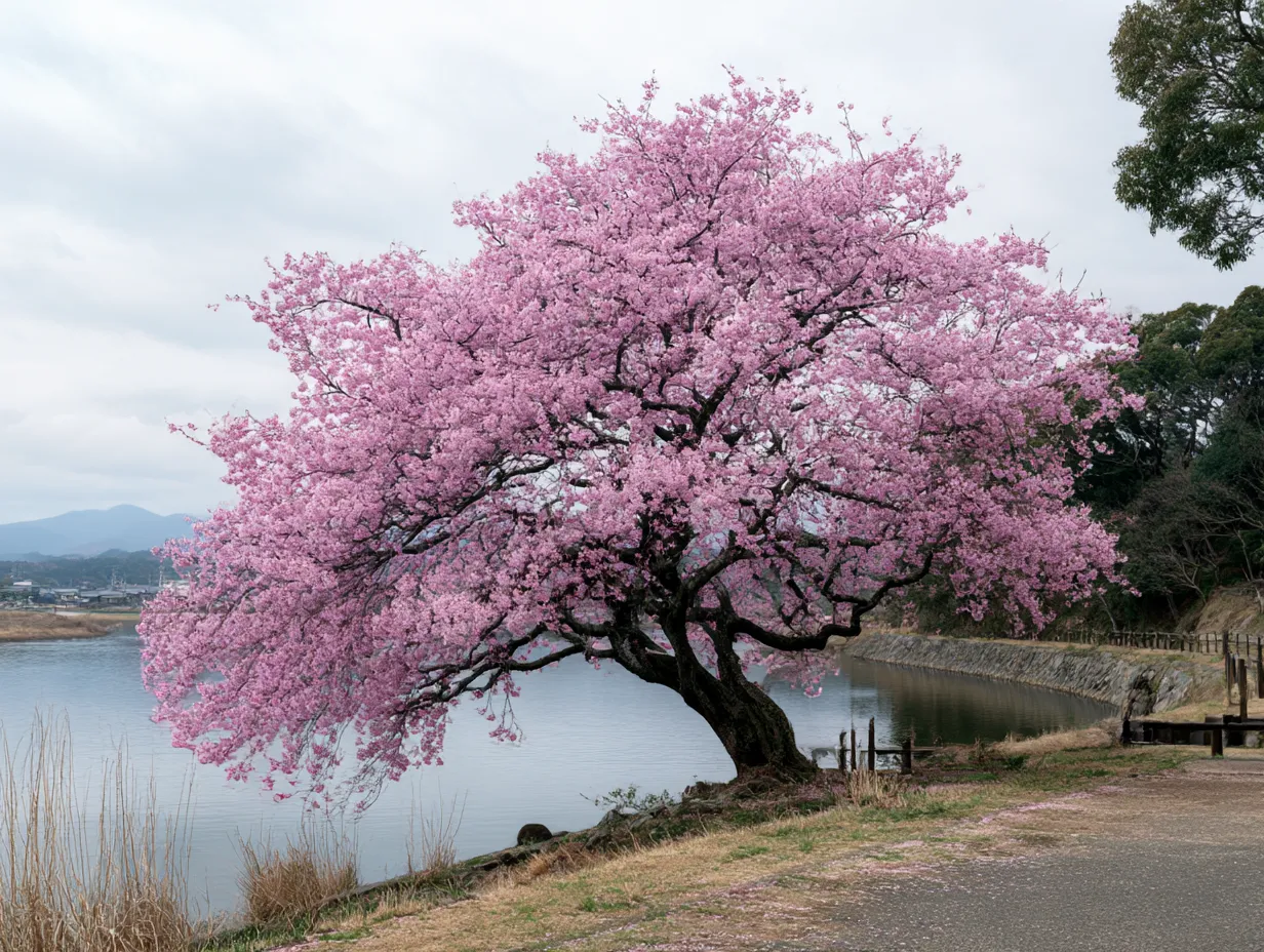 湖畔に咲く桜の木：写真｜湖畔に立つ一本の桜の木が印象的な写真です。この「桜の木：写真」では、桜の花が湖の水面に反射し、美しい景観を作り出しています。自然の力強さと美しさを感じさせる一瞬を捉えた写真です。