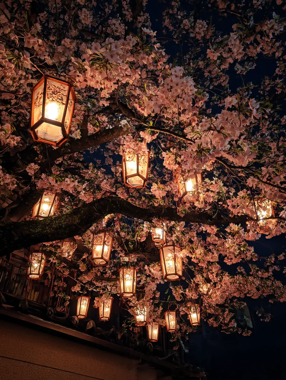 夜桜の幻想的な光景：写真｜夜の桜の木に灯されたランプが幻想的な雰囲気を作り出している一枚です。この「桜の木：写真」では、桜の花と光が相まって、静かな夜の美しさを表現しています。桜の花が夜空に浮かび上がる瞬間が美しいです。