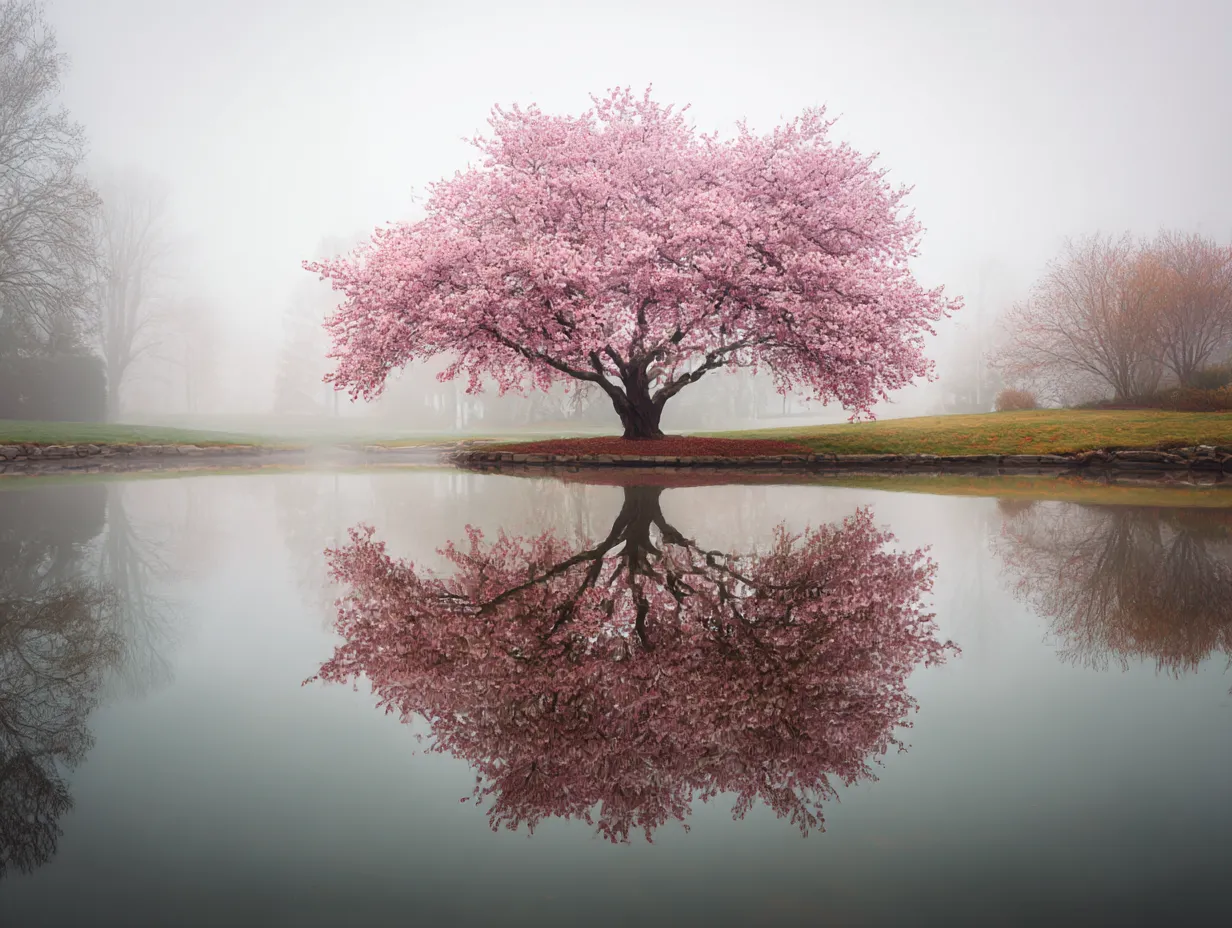 桜の木：霧の中の桜の木｜霧の中にたたずむ美しい桜の木が、水面に映し出されて幻想的な雰囲気を醸し出しています。春の桜の木が霧に包まれることで、静かな美しさと落ち着きのある風景が広がります。