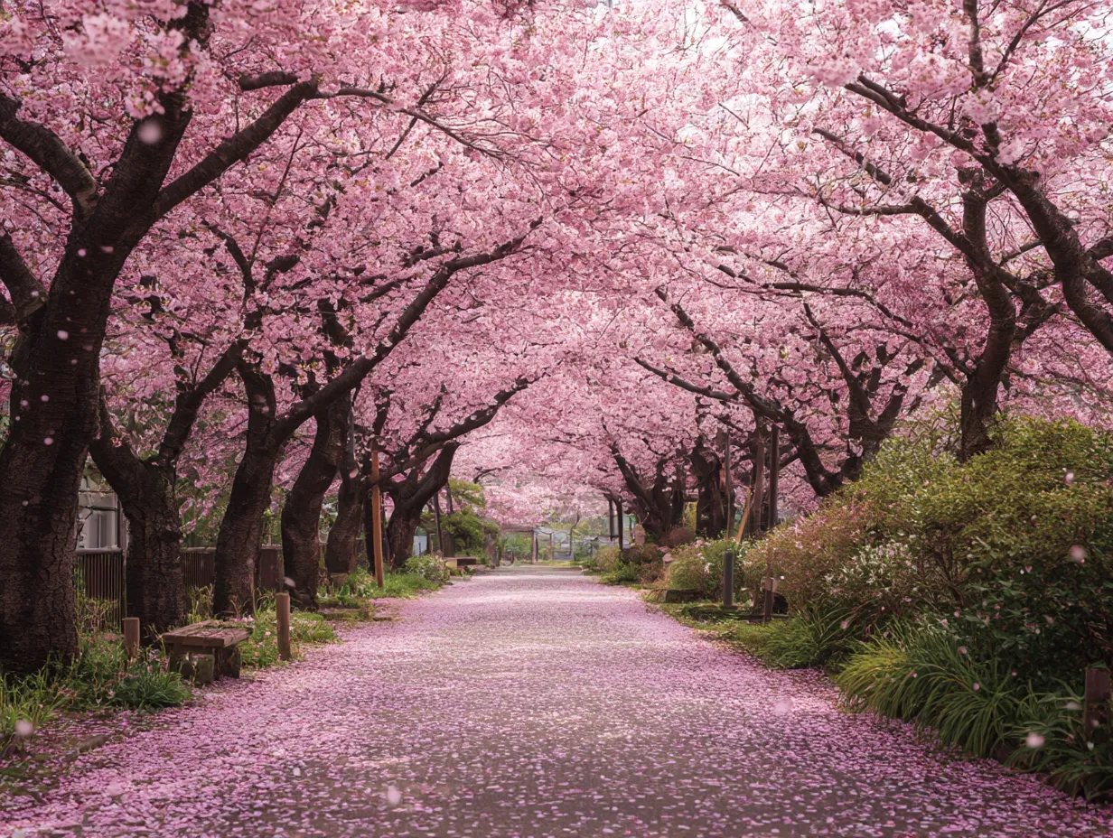 桜の木：桜の花が満開の通り｜桜の花が満開に咲き誇る道の両側に立つ桜の木が、春の陽気を迎えた美しい風景を作り出しています。桜の花が鮮やかなピンク色に咲き乱れ、まるで桜の木が道を包み込んでいるようです。