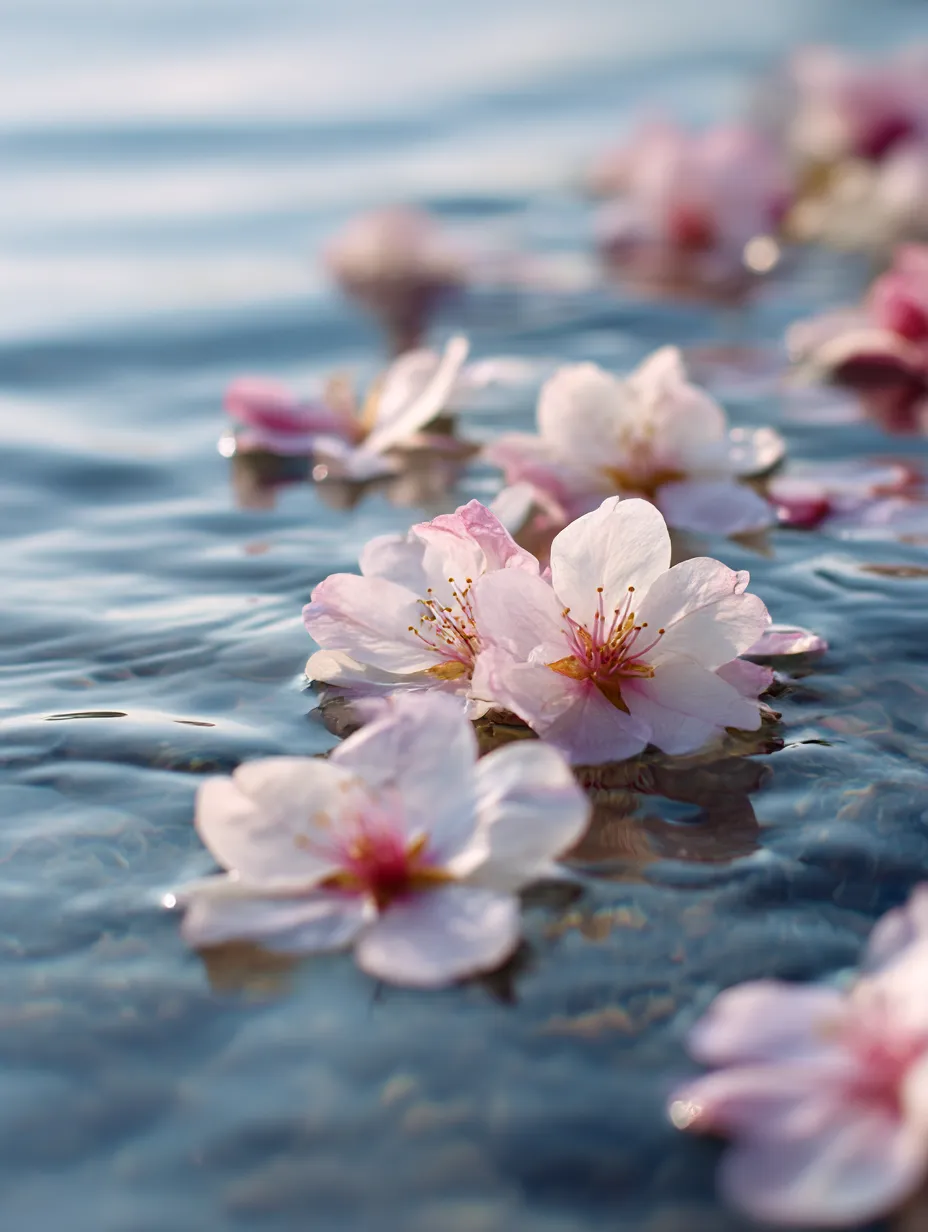 桜の花びら：水面に浮かぶ桜の花びら｜静かな水面に浮かぶ桜の花びらが、春の穏やかな雰囲気を表現しています。桜の花びらが水面を漂う様子は、心を落ち着かせ、季節の移り変わりを感じさせます。桜の花びらが水に優しく浮かび、自然の美しさを感じる瞬間です。