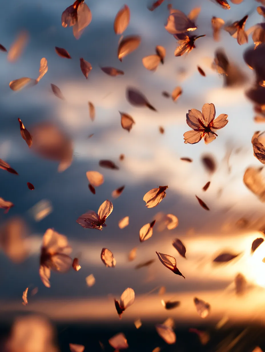 桜の花びら：舞い散る桜の花びら｜夕焼けに照らされて舞い散る桜の花びらが、まるで春の最後の舞いを見せているかのようです。舞い散る花びらは、儚さと美しさが同時に表現されており、桜の花びらの美しさに心が引き込まれます。
