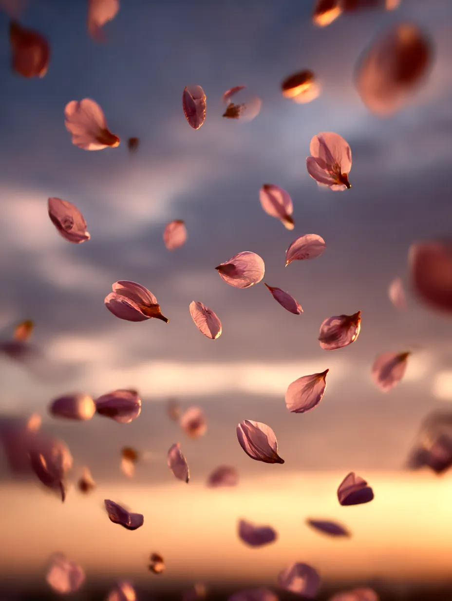 桜の花びら：空を背景に舞う桜の花びら｜春の空を背景に舞う桜の花びらが、まるで時間が止まったかのような美しさを見せています。桜の花びらが空に舞い上がるその瞬間に、自然の力強さと繊細さを同時に感じることができます。
