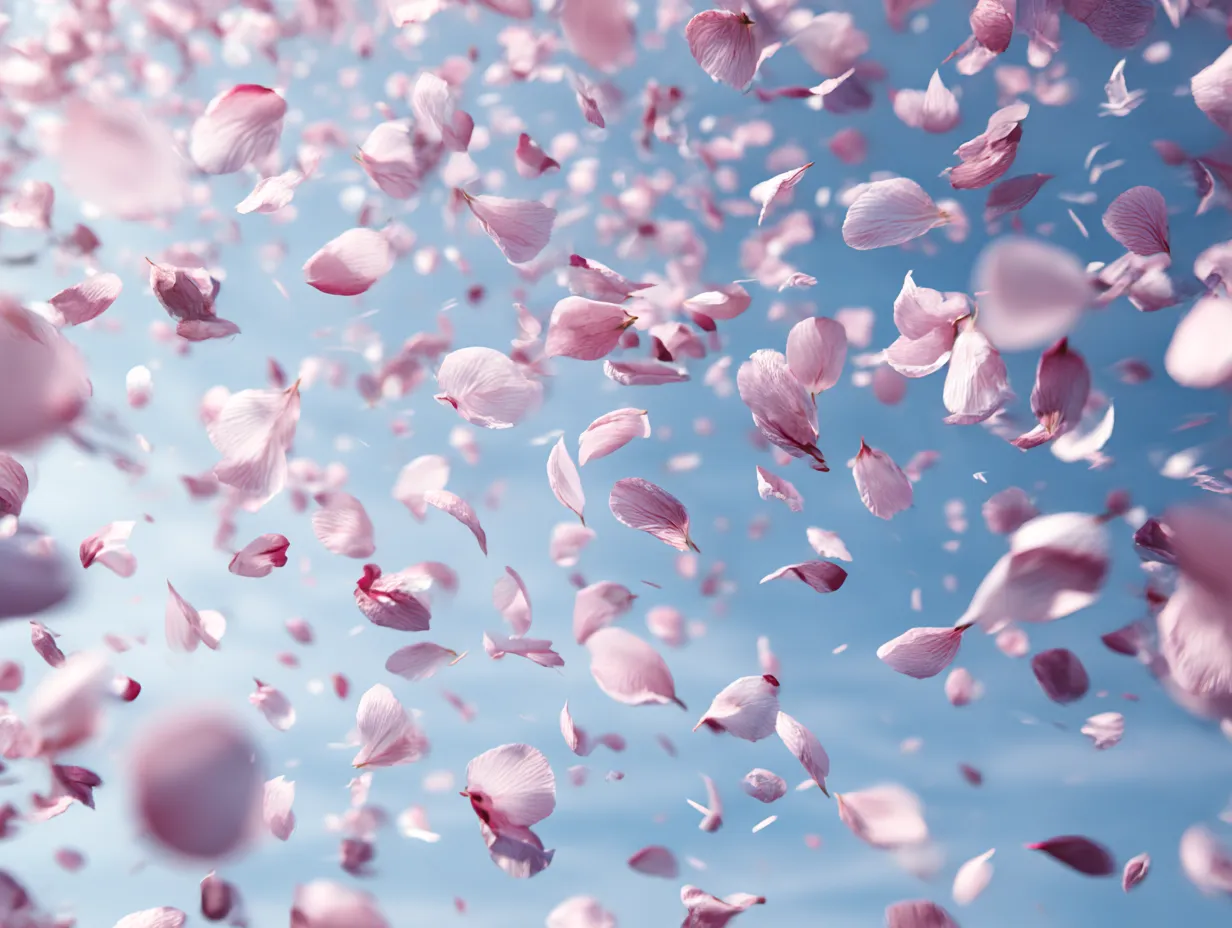 桜吹雪：空を舞う桜の花びら｜桜吹雪が空を舞う様子が捉えられています。花びらが空を舞いながら春の柔らかな風に乗り、まるで春の祭りのような華やかな雰囲気を感じさせます。桜吹雪が美しく舞い散る瞬間は、まさに春の息吹を感じる時です。