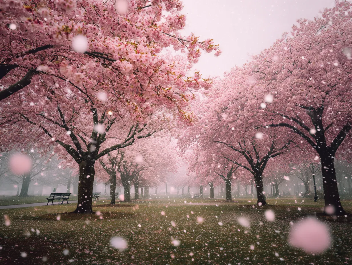 桜吹雪：桜の木々に囲まれた道｜桜吹雪が降る中、桜の木々が立ち並ぶ道が幻想的な雰囲気を作り出しています。花びらが降り注ぎ、まるで雪のように舞い散る桜吹雪が春の儚さを感じさせる一枚です。自然の美しさと静けさを一緒に味わえる瞬間です。
