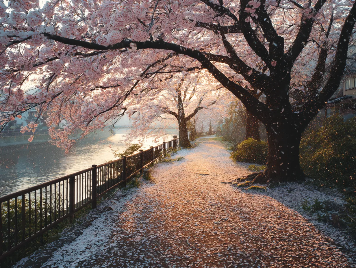 桜吹雪：川沿いの桜の道｜桜吹雪が舞い散る川沿いの桜の木々が美しい一枚です。花びらが風に乗って静かに舞い、川の水面に映り込む桜の木々が春の静けさを感じさせます。桜吹雪が織り成す美しい景色に、春の優しさが漂います。