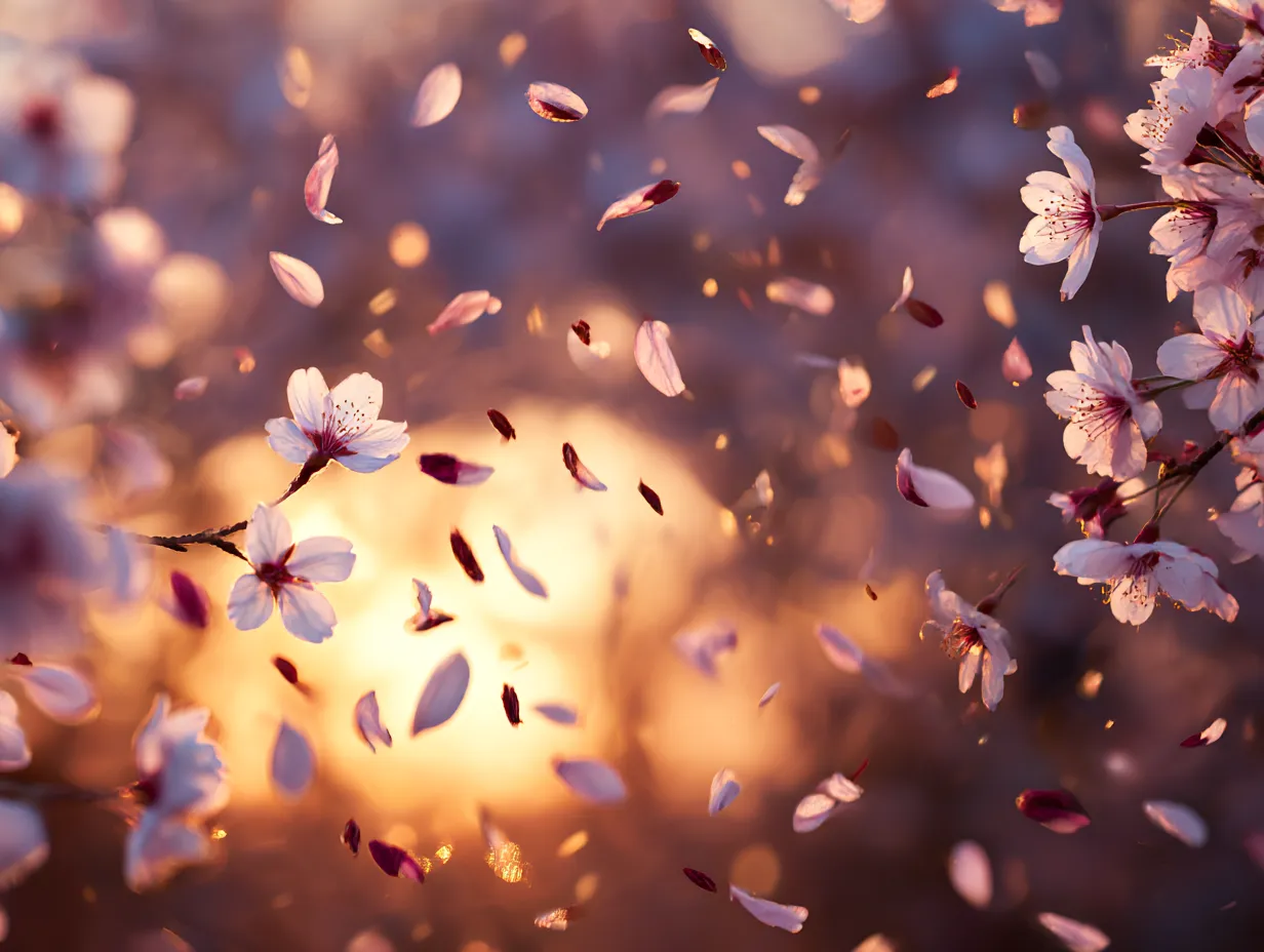 桜吹雪：夕暮れ時の桜｜夕暮れ時に舞い散る桜の花びらが、温かみのある光の中で美しく輝いています。桜吹雪が風に乗り、柔らかな夕日とともに舞い散る瞬間は、春の儚さと美しさを同時に感じさせてくれます。