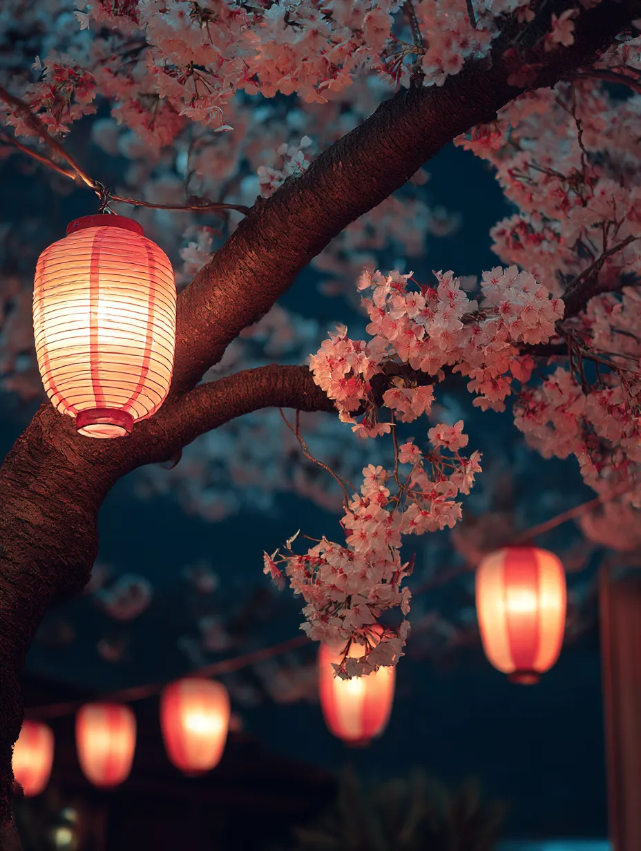 桜の枝：夜の桜と提灯｜夜空に映える桜の枝に赤い提灯が灯り、温かみのある光と桜の花が美しく調和しています。桜の枝から垂れ下がる花々が夜の静けさを包み込み、提灯の光がさらにその美しさを際立たせています。春の夜の静かなひとときを感じさせる一枚です。