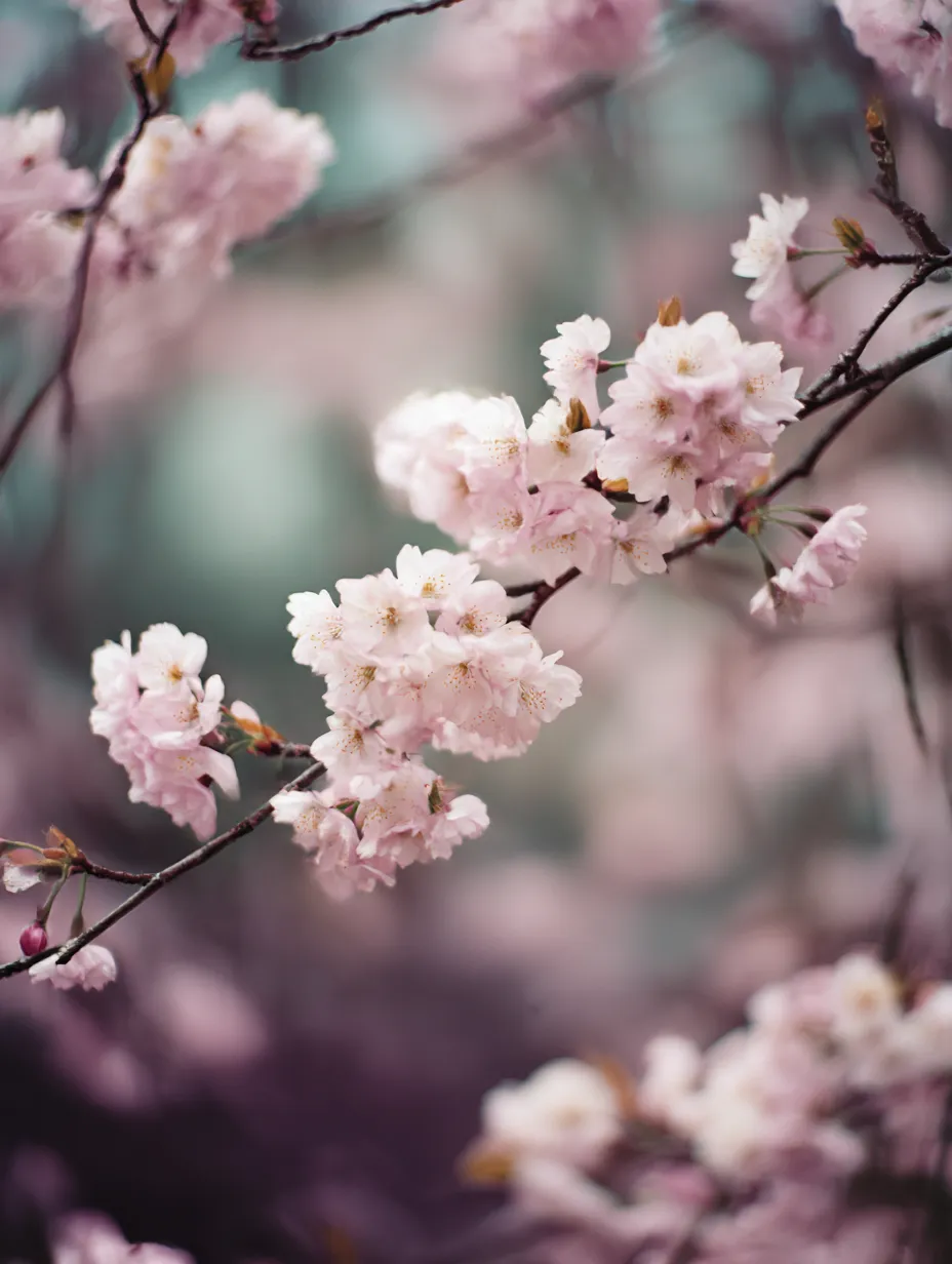 桜の枝：柔らかな春の桜｜春の風に揺れる桜の枝に咲く花々が、柔らかな春の光に包まれています。淡いピンクの桜の花が風に揺れる姿は、春の優しさを感じさせ、桜の枝から自然の美しさが溢れています。