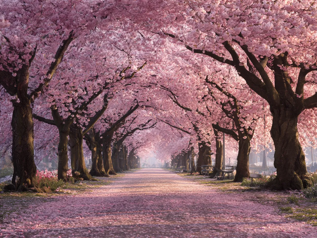 桜並木：春の桜並木｜春の桜並木が道の両側に広がり、花びらが風に舞い散る美しい瞬間を捉えています。桜の木々が並ぶ道を歩くと、春の爽やかな空気を感じ、桜並木の美しさに囲まれていることが実感できます。